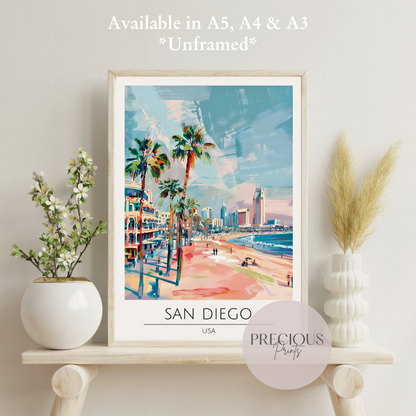 USA, San Diego Travel Print Poster / Vintage Wall Art / A5 A4 A3
