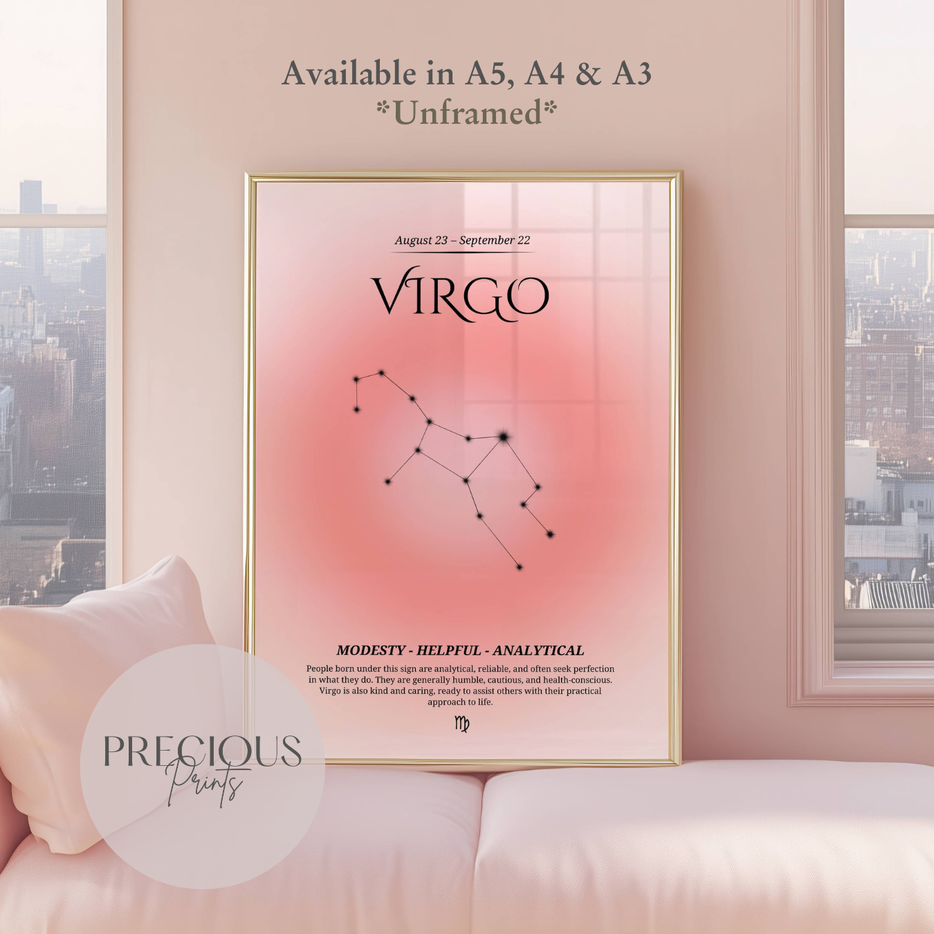 Virgo Zodiac Print / Preppy Trendy Wall Art Poster / A5 A4 A3 Unframed Pink