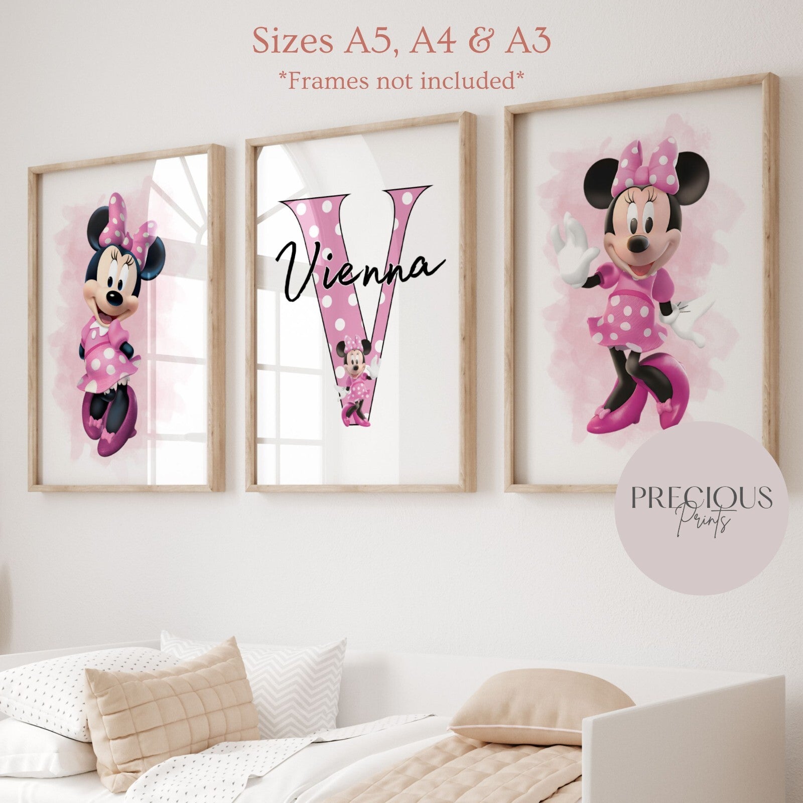 Set of 3 Personalised Girl/boy Nursery bedroom Print / Minnie Mouse A5 A4 A3