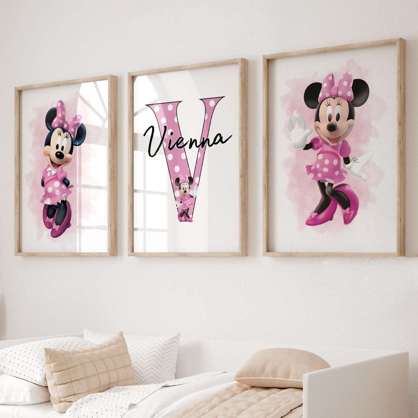 Personalised Minnie Mouse Girls Bedroom Wall Art Print Set of 3