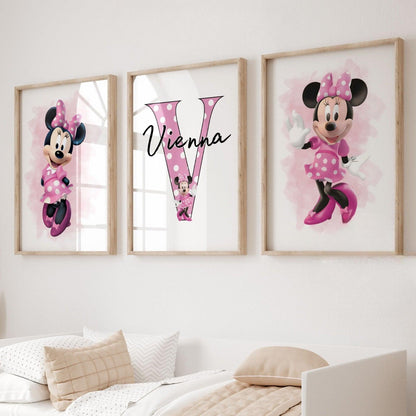 Personalised Minnie Mouse Girls Bedroom Wall Art Print Set of 3