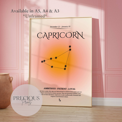 Capricorn Zodiac Print / Preppy Trendy Wall Art Poster / A5 A4 A3 Unframed Pink