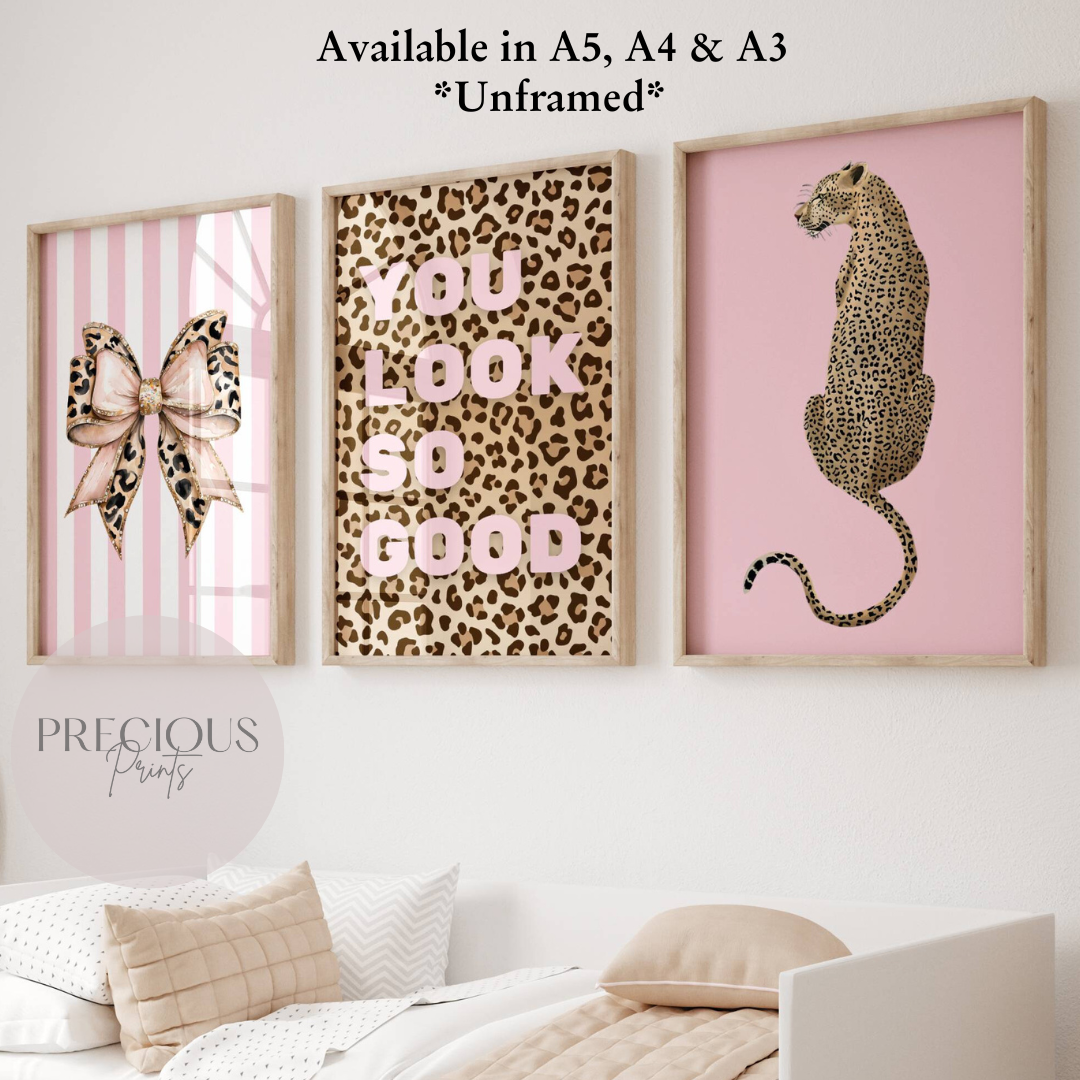 Set of 3 Pink Trendy Preppy Prints Bow Leopard Print Postive Wall Art A5 A4 A3