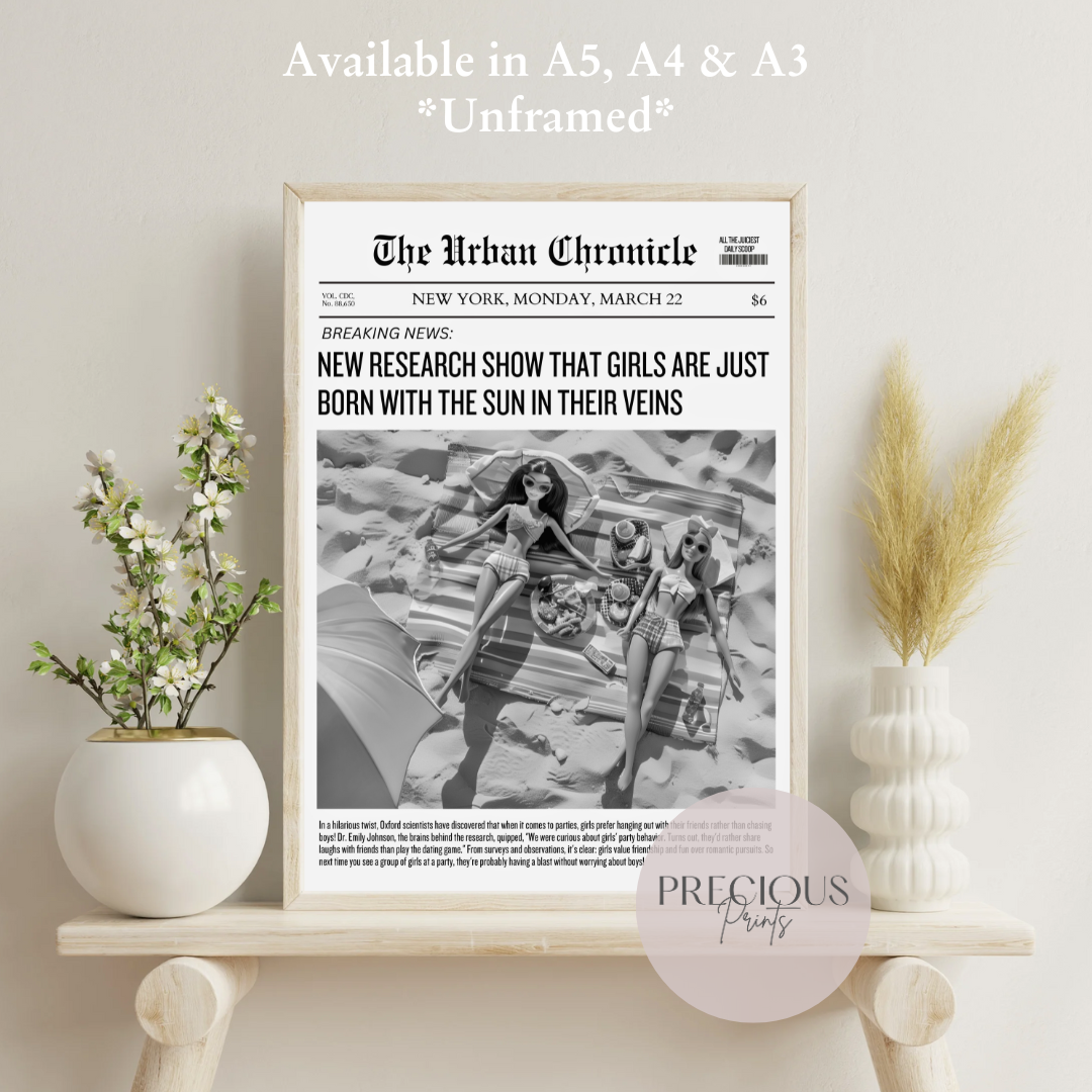 Barbie News Paper Wall Art Poster / Preppy Trendy Retro Colourful Wall Art Tween