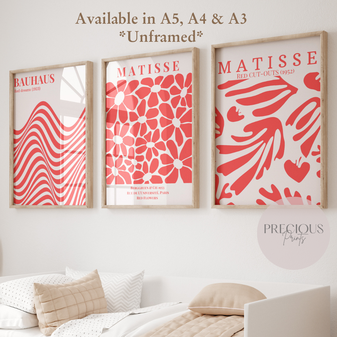Set of 3 Red Bauhaus Matisse Prints A5 A4 A3 Art Exhibition Art Prints