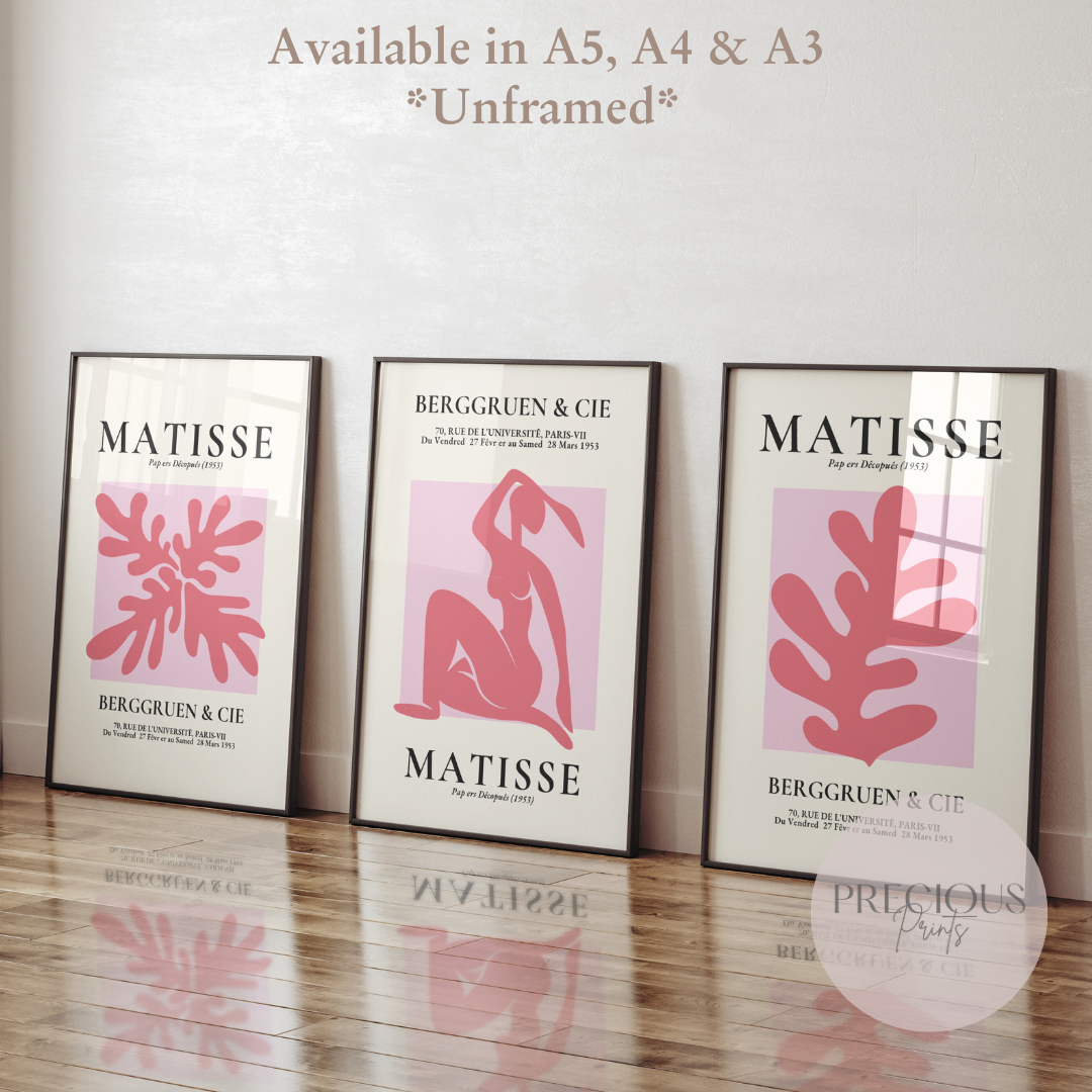 Set of 3 Pink Matisse Prints A5 A4 A3 Wall Art Gallery Decor