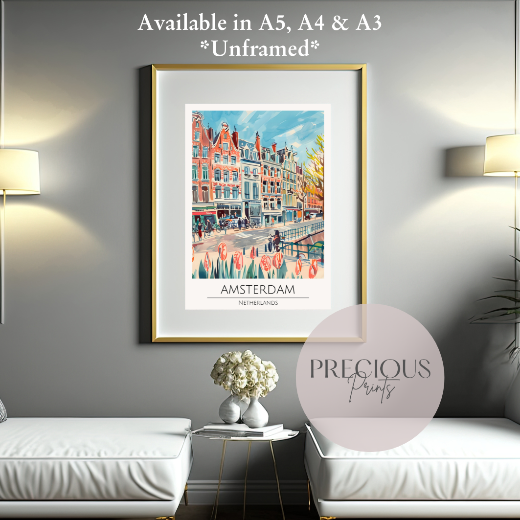 Amsterdam - Netherlands Print Poster- Travel Poster - Vintage Wall Art