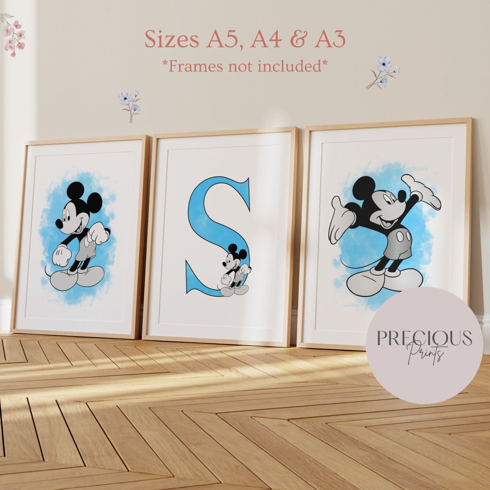 Set of 3 Personalised Girl/boy Nursery bedroom Print / Mickey Mouse A5 A4 A3