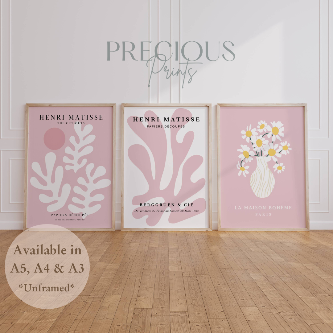 Set of 3 Pink Matisse Floral Pretty Prints Art Gallery Decor