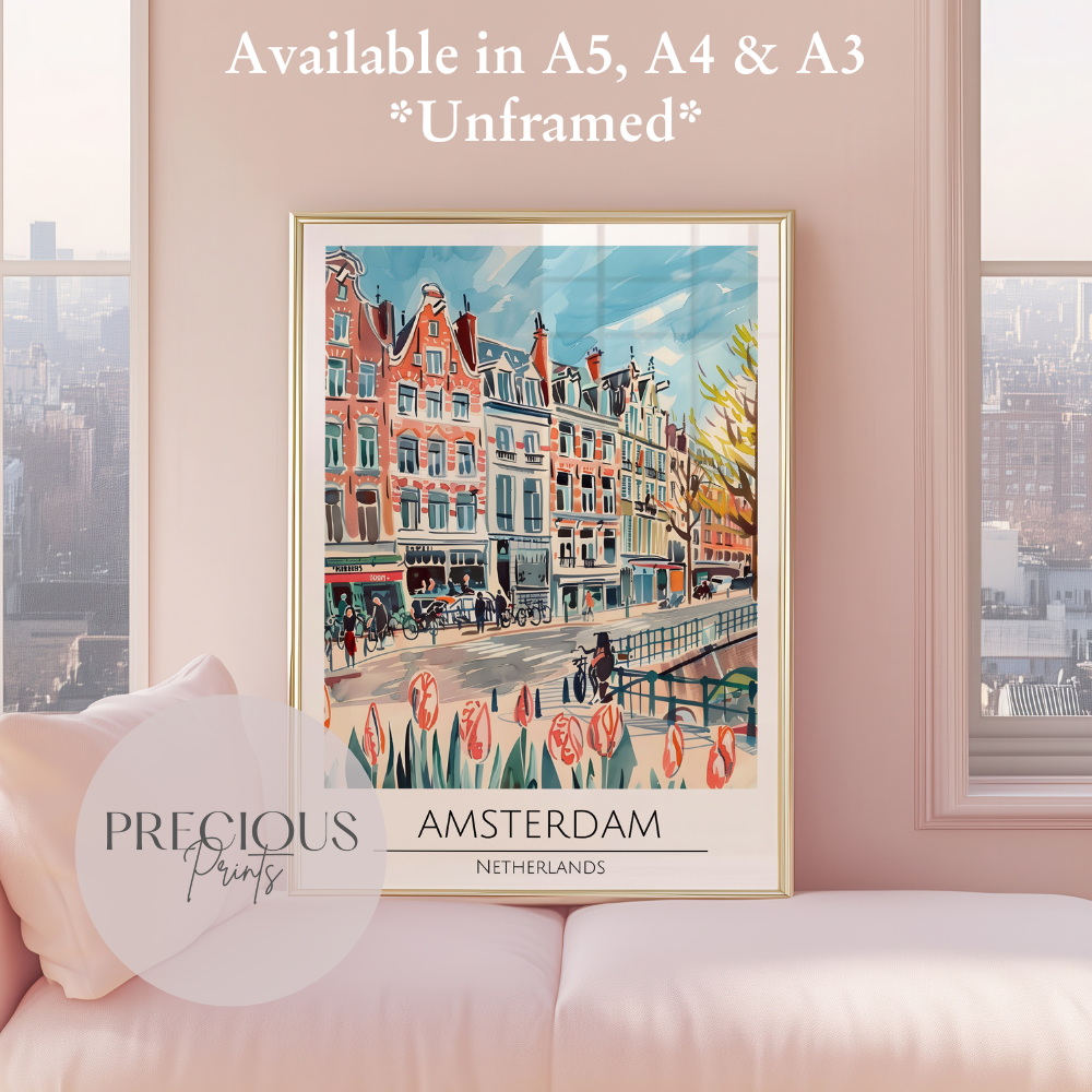 Amsterdam - Netherlands Print Poster- Travel Poster - Vintage Wall Art