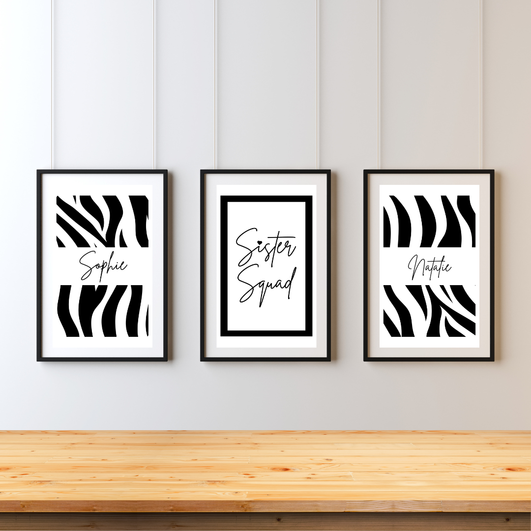 Set of 3 Sister Squad Zebra Pattern Print Personalised bedroom Print / Preppy