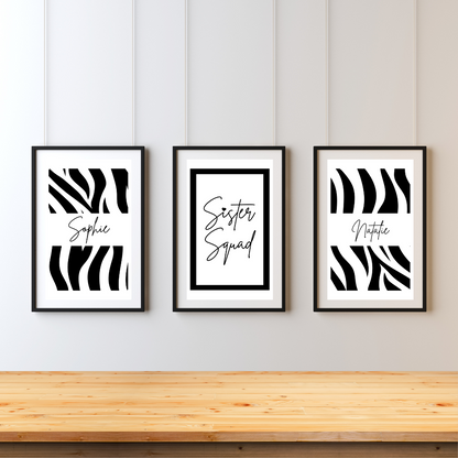 Set of 3 Sister Squad Zebra Pattern Print Personalised bedroom Print / Preppy
