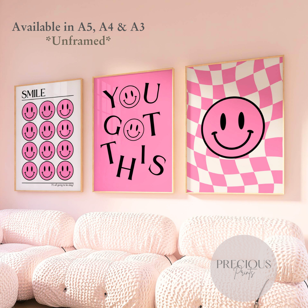 Set of 3 Pink Smiley Preppy Prints Motivational Poster / Collage Preppy Poster