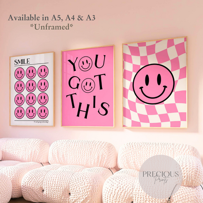 Set of 3 Pink Smiley Preppy Prints Motivational Poster / Collage Preppy Poster