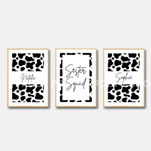 Set of 3 Sister Squad Cow Pattern Print Personalised bedroom Print / Preppy