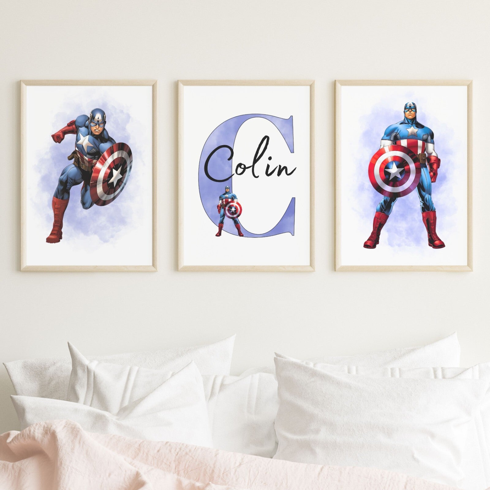 Set of 3 Personalised Girl/boy Nursery bedroom Print / Captain America A5 A4 A3