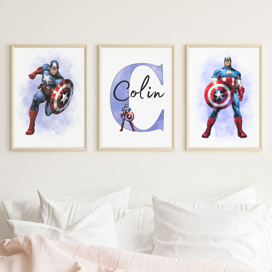 Set of 3 Personalised Girl/boy Nursery bedroom Print / Captain America A5 A4 A3
