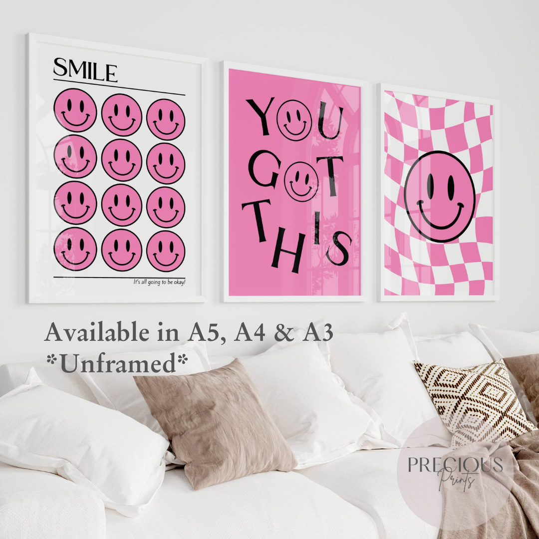 Set of 3 Pink Smiley Preppy Prints Motivational Poster / Collage Preppy Poster