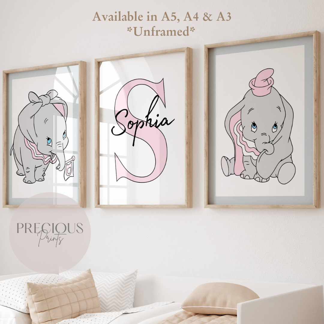 Set of 3 Personalised Dumbo Nursery Prints / Girls Poster / A5 A4 A3 / Gloss