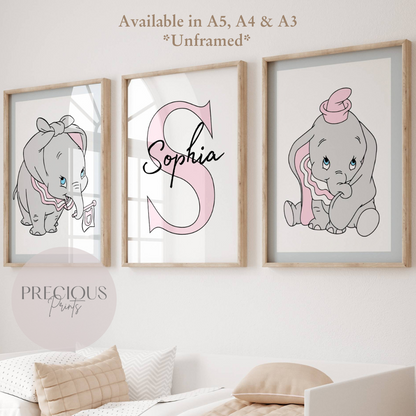 Set of 3 Personalised Dumbo Nursery Prints / Girls Poster / A5 A4 A3 / Gloss
