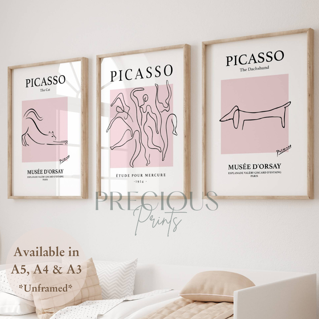 Set of 3 Pink Picasso Dancers Cat, Dachshund Morris Prints Art Gallery Decor