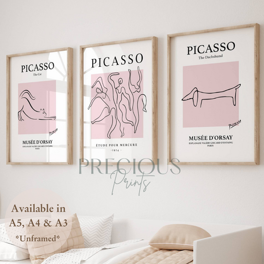 Set of 3 Pink Picasso Dancers Cat, Dachshund Morris Prints Art Gallery Decor