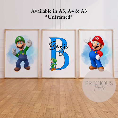 Set of 3 Mario Luigi Yoshi Personalised Prints / Gaming Prints / Boys Bedroom