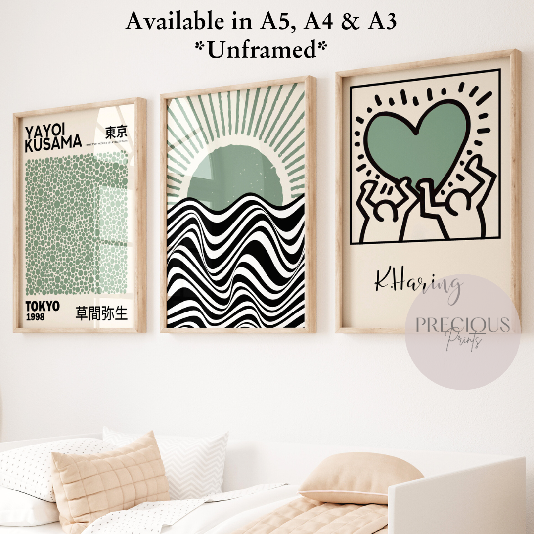 Set of 3  Kusama Bauhaus Prints A5 A4 A3 Art Exhibition Sage Green