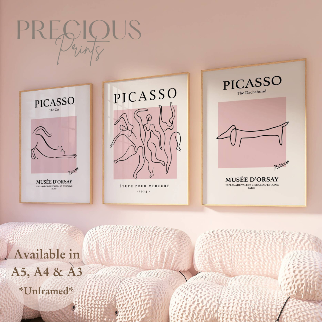 Set of 3 Pink Picasso Dancers Cat, Dachshund Morris Prints Art Gallery Decor