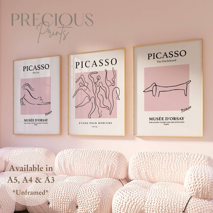 Set of 3 Pink Picasso Dancers Cat, Dachshund Morris Prints Art Gallery Decor