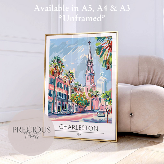 USA, Charleston Travel Print Poster / Vintage Wall Art / A5 A4 A3 / Unframed