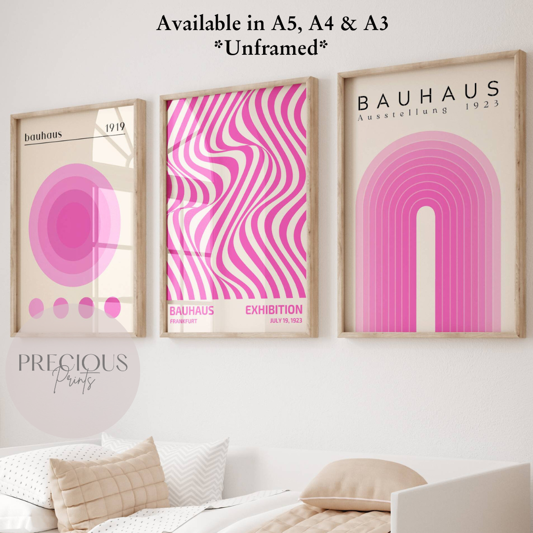 Set of 3 Bauhaus Prints A5 A4 A3 Art Exhibition Hot Pink Trendy Preppy Poster