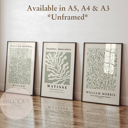 Set of 3 Matisse William Morris Prints A5 A4 A3 Art Exhibition Sage Green Poster