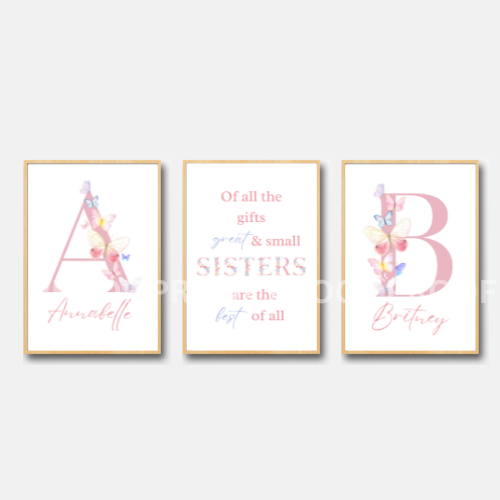 Set of 3 Sisters Personalised Butterflies Child bedroom Nursery Print / A5 A4 A3