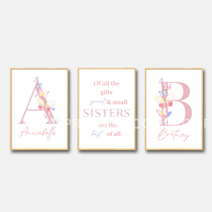 Set of 3 Sisters Personalised Butterflies Child bedroom Nursery Print / A5 A4 A3