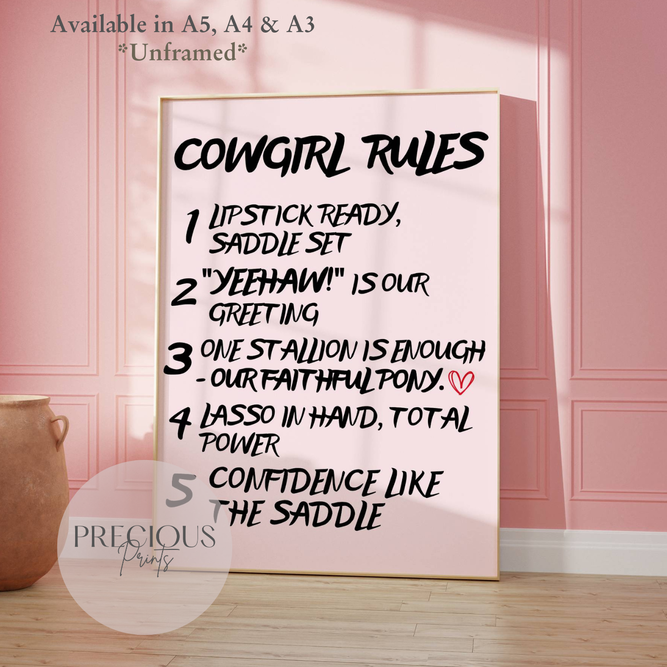 Preppy Cowgirl Rules Poster / Trendy Wall Art / Pink Girly Art print / A5 A4 A3