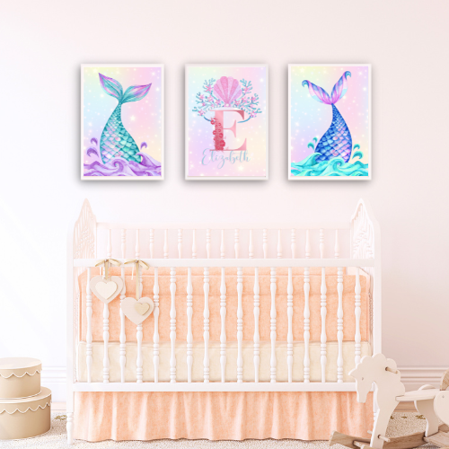 Set of 3 Girls Personalised Mermaid bedroom Nursery Print / A5 A4 A3