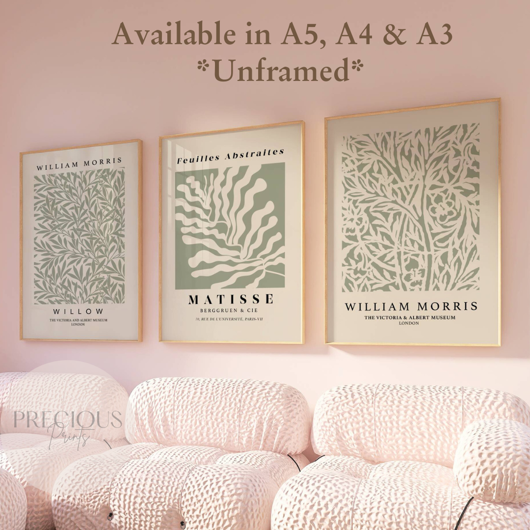 Set of 3 Matisse William Morris Prints A5 A4 A3 Art Exhibition Sage Green Poster