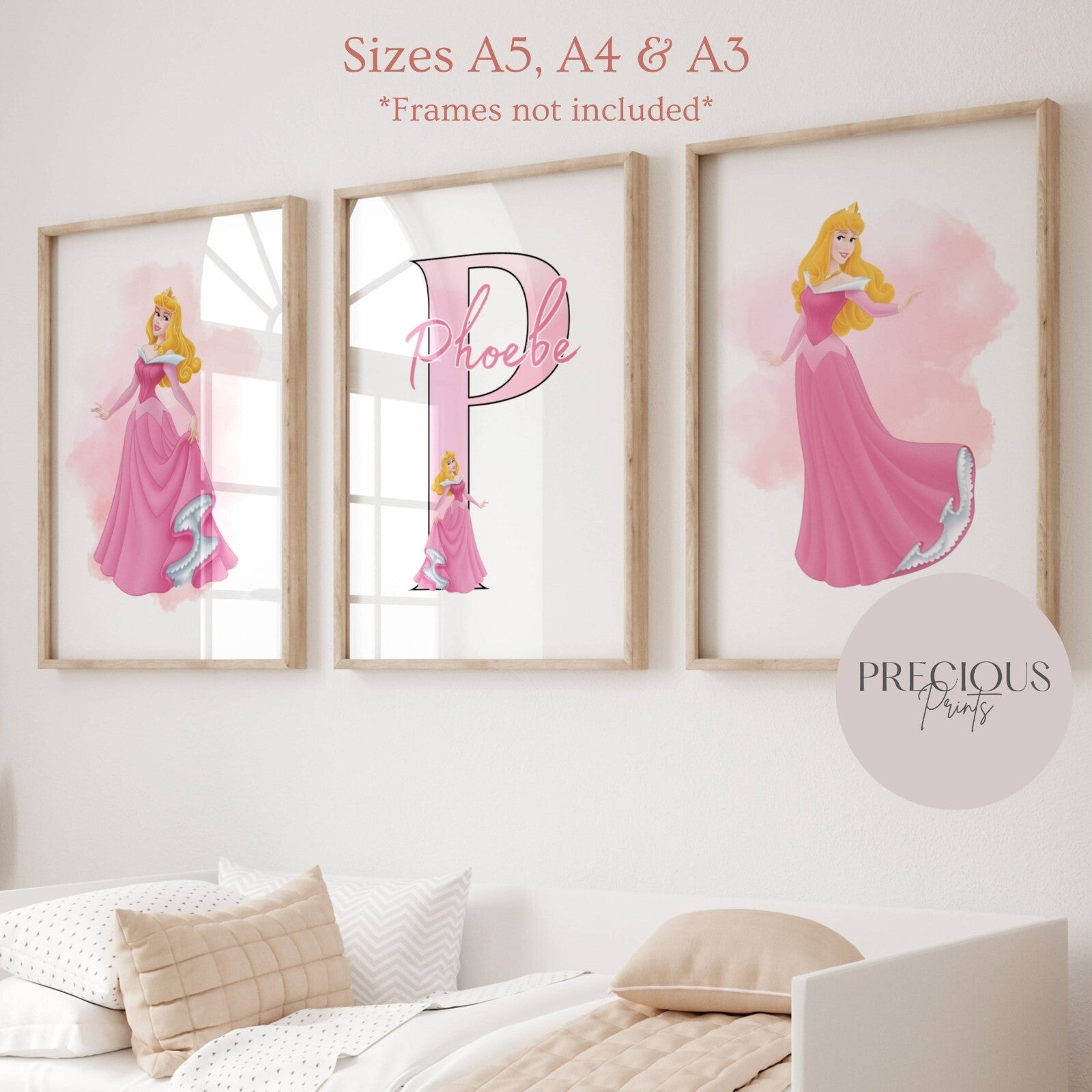 Set of 3 Personalised bedroom Prints / Aurora Sleeping Beauty A5 A4 A3