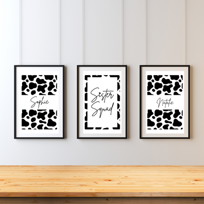 Set of 3 Sister Squad Cow Pattern Print Personalised bedroom Print / Preppy