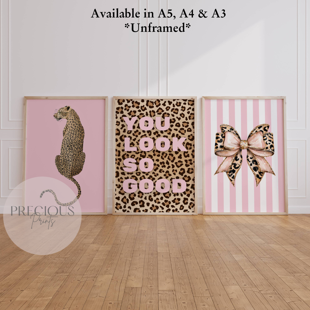 Set of 3 Pink Trendy Preppy Prints Bow Leopard Print Postive Wall Art A5 A4 A3