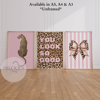 Set of 3 Pink Trendy Preppy Prints Bow Leopard Print Postive Wall Art A5 A4 A3
