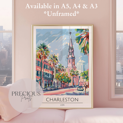 USA, Charleston Travel Print Poster / Vintage Wall Art / A5 A4 A3 / Unframed