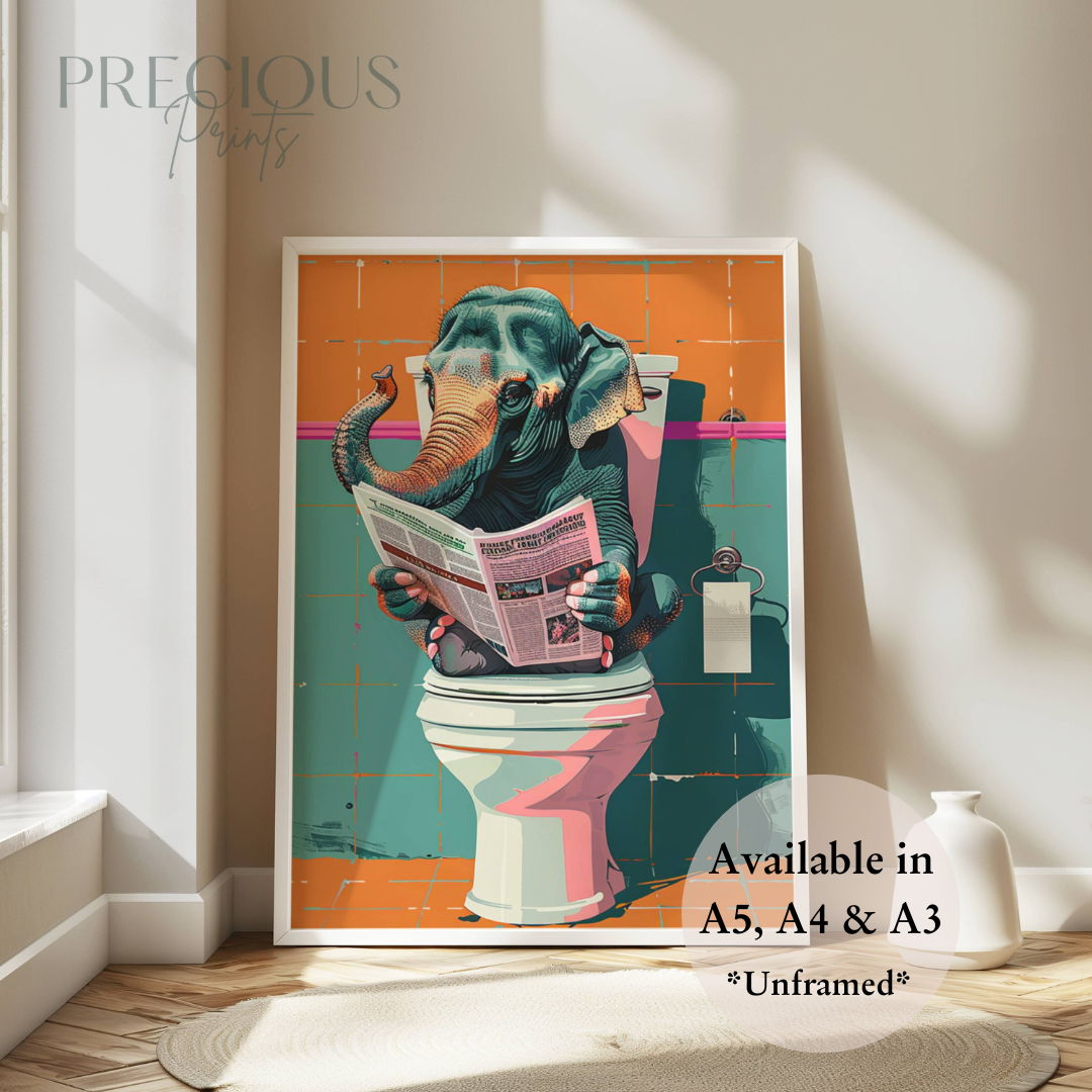 Elephant on Toilet Print / Funny Art Poster / Humour / Pop Art / Trendy A5 A4 A3