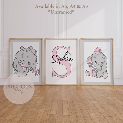 Set of 3 Personalised Dumbo Nursery Prints / Girls Poster / A5 A4 A3 / Gloss