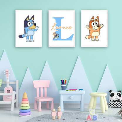 Set of 3 Personalised Girl/boy Nursery bedroom Print / Bluey Bingo A5 A4 A3