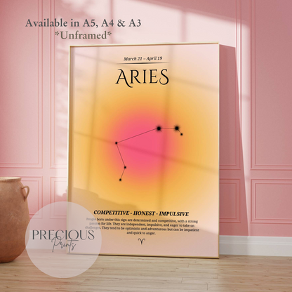 Aries Zodiac Print / Preppy Trendy Wall Art Poster / A5 A4 A3 Unframed