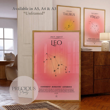 Leo Zodiac Print / Preppy Trendy Wall Art Poster / A5 A4 A3 Unframed