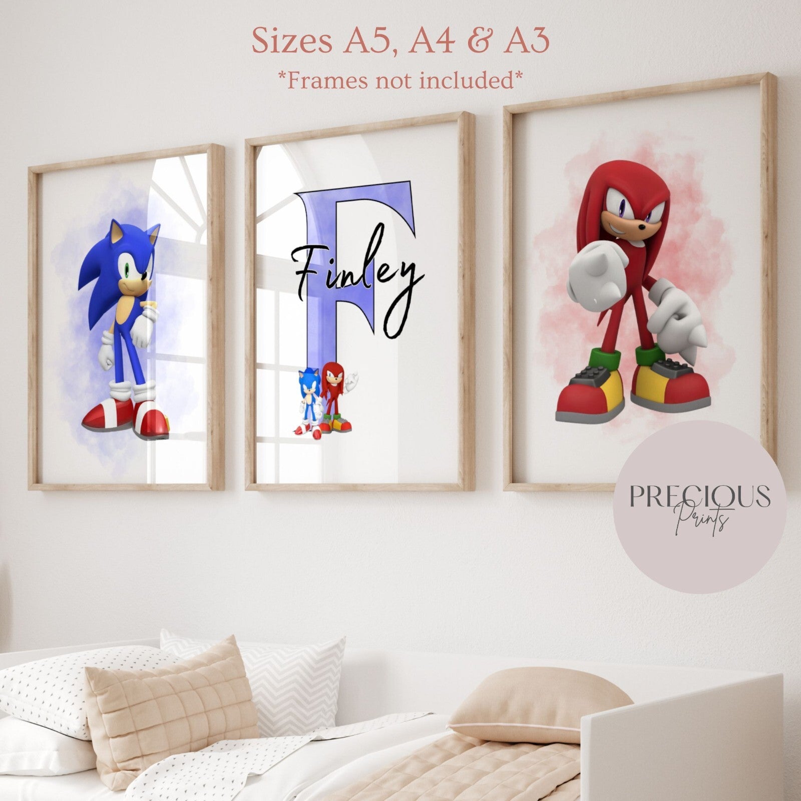 Set of 3 Childrens Personalised Sonic and Knuckles Bedroom Print / A5 A4 A3