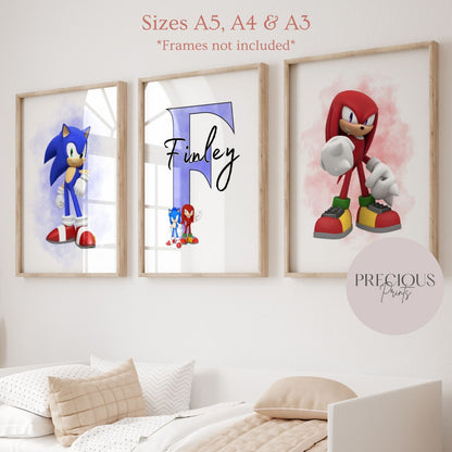 Set of 3 Childrens Personalised Sonic and Knuckles Bedroom Print / A5 A4 A3